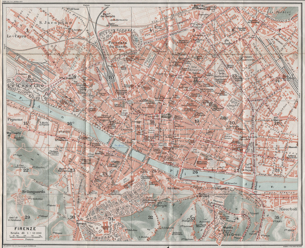 FLORENCE FIRENZE. Vintage town city map plan. Italy 1924 old antique chart