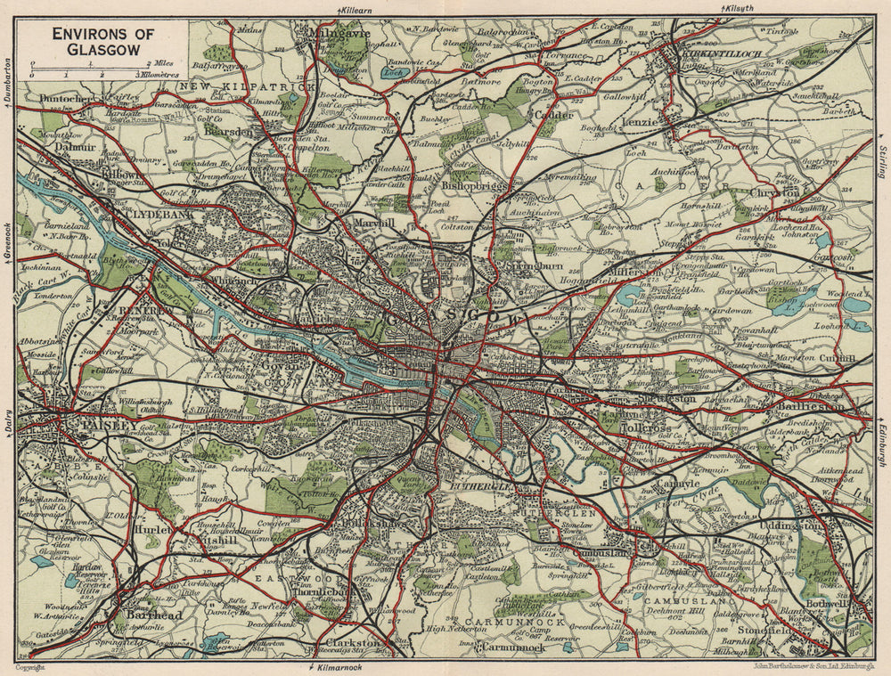 ENVIRONS OF GLASGOW. Vintage town city map plan. Paisley. Scotland 1932