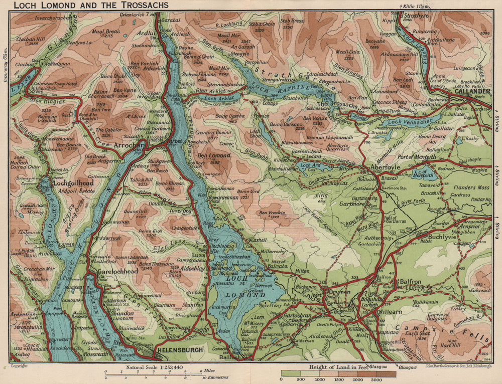 LOCH LOMOND & THE TROSSACHS. Vintage map. Helensburgh Callander Scotland 1932