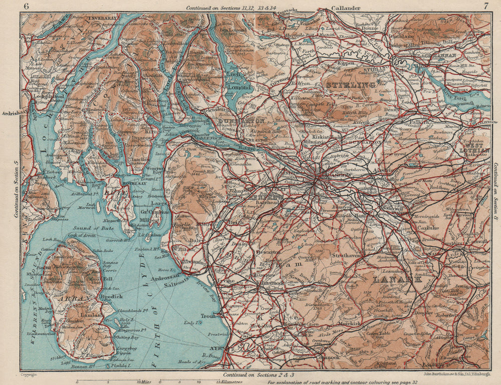 CENTRAL SCOTLAND. Glasgow Firth of Clyde Lanarkshire Dunbarton &c 1932 old map