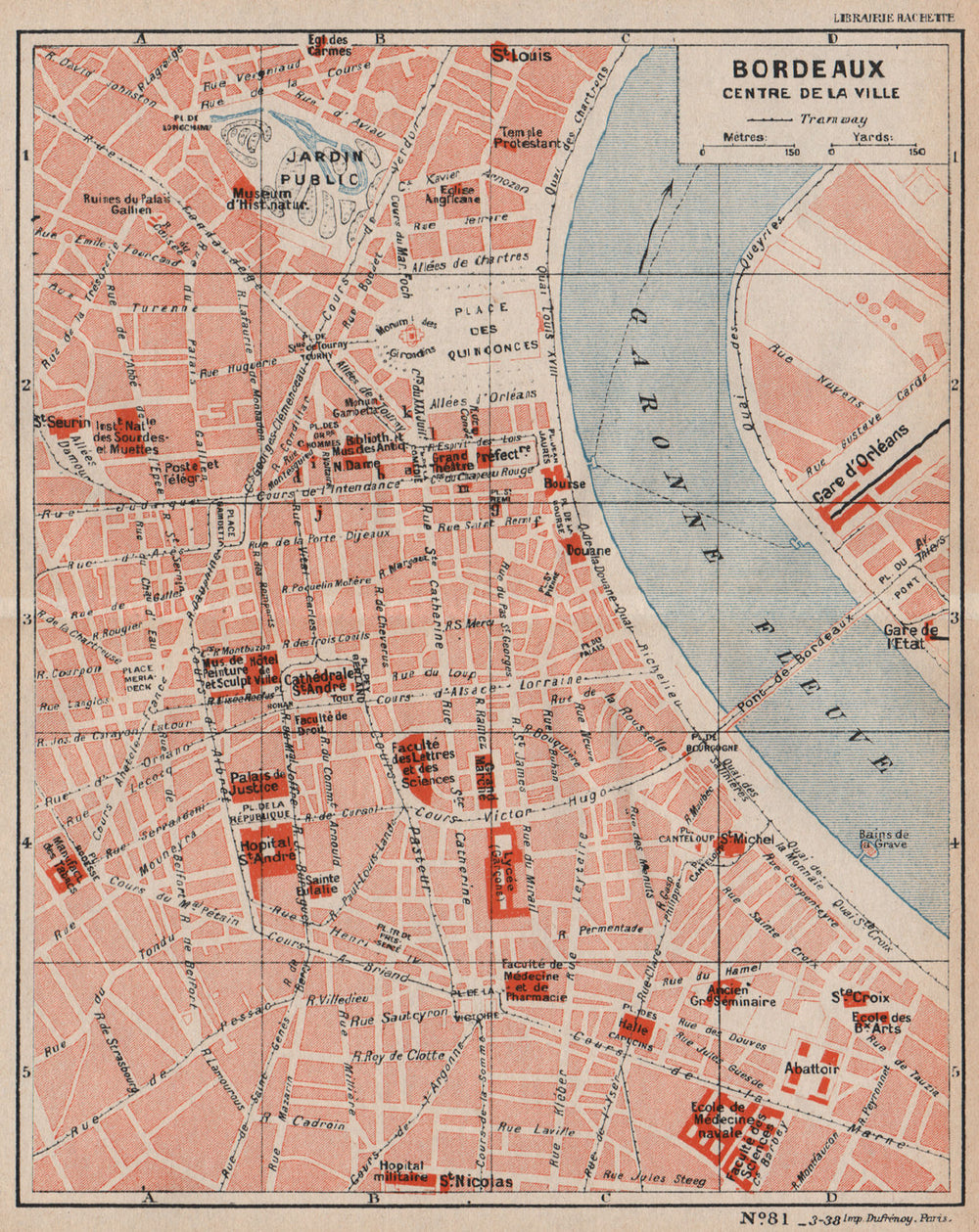 BORDEAUX. Centre de la ville. Vintage town city map plan. Gironde 1933 old