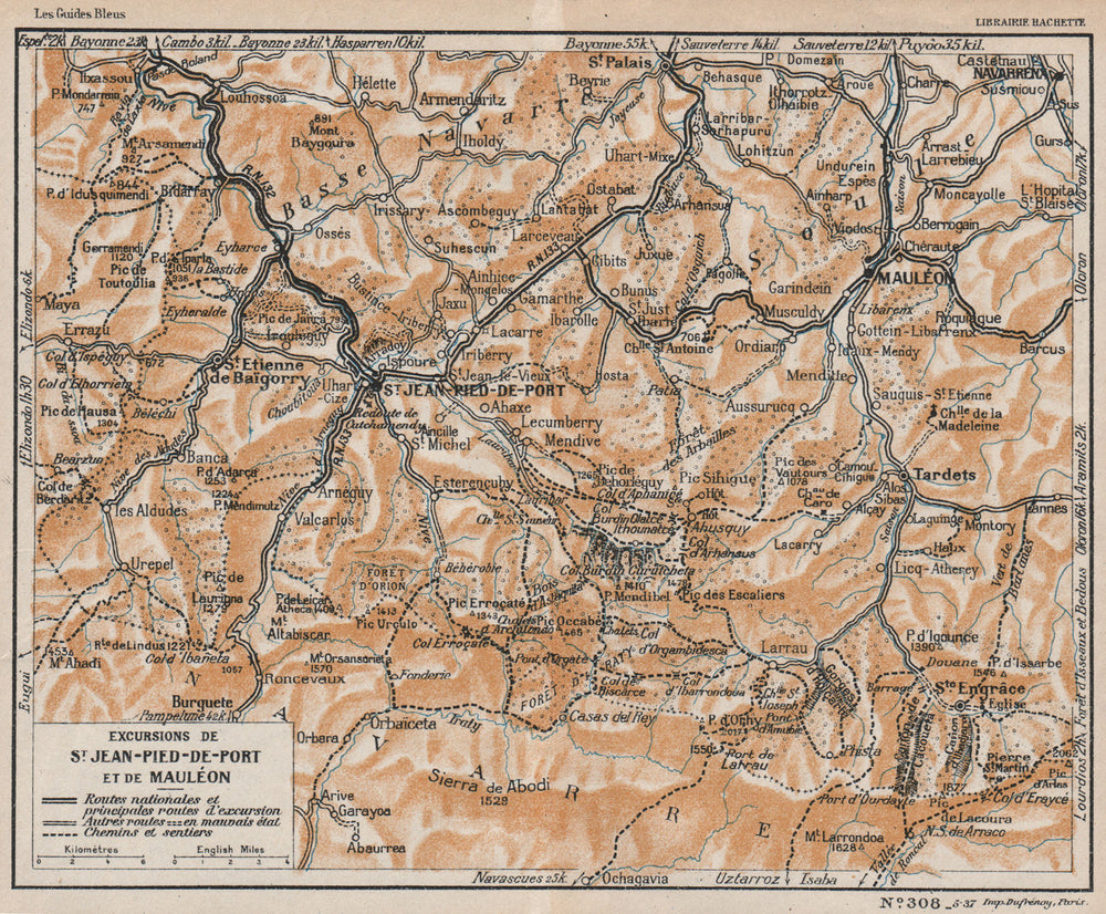 ST JEAN-PIED-DE-PORT & MAULÉON. Environs. Pyrénées-Atlantiques vintage map 1933