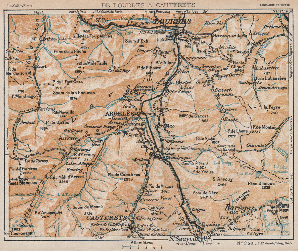 LOURDES ARGELÈS CAUTERETS. Vintage map plan. Hautes-Pyrénées 1933 old
