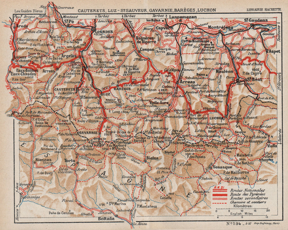 HAUTES-PYRÉNÉES. Cauterets Lourdes Gavarnie Luz Luchon Baregès. Vintage map 1933