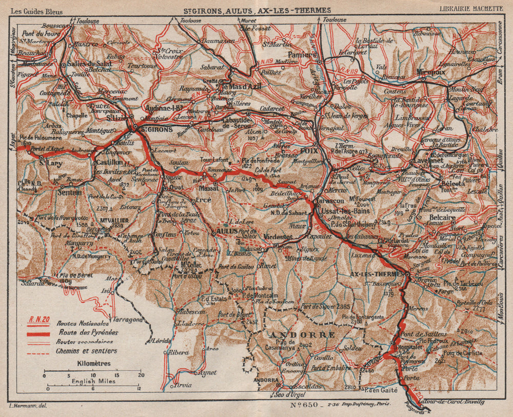 ARIÈGE. St. Girons Aulus Ax-les-Thermes Foix. Pyrénées. Vintage map plan.  1933