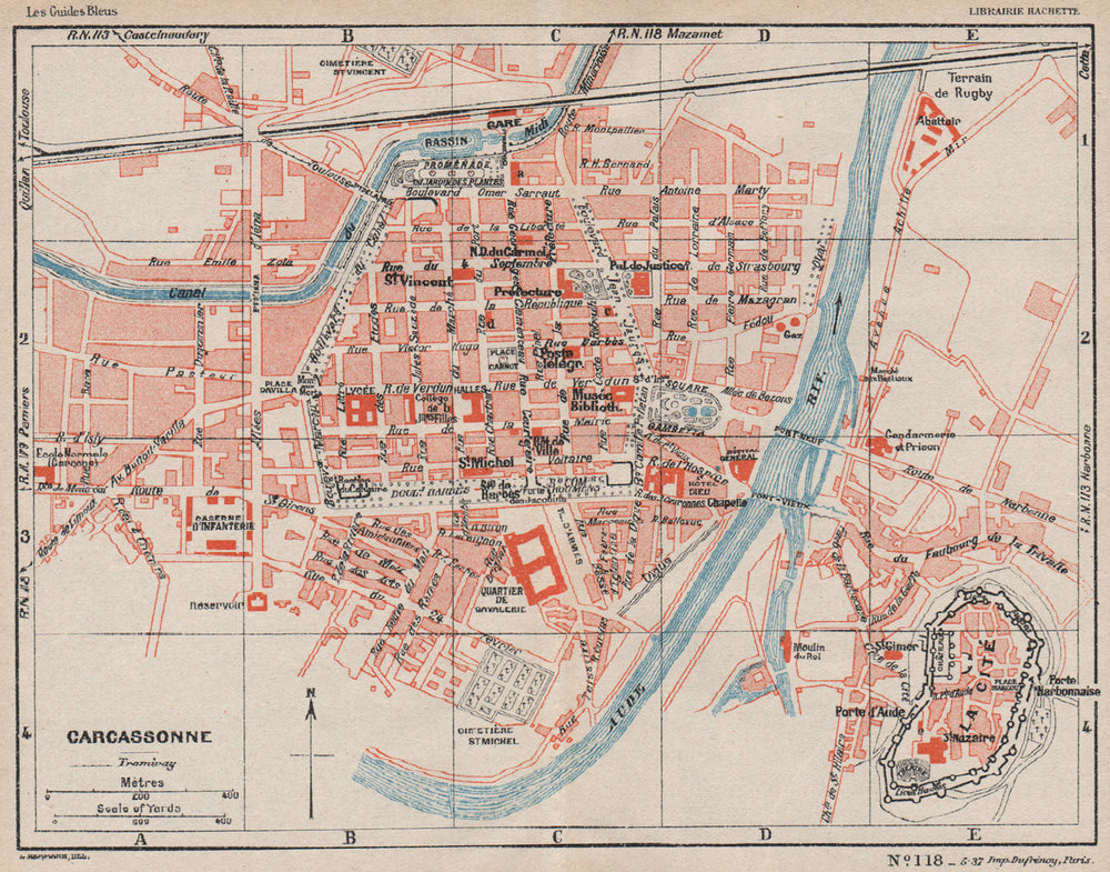 CARCASSONNE. Vintage town city map plan. Aude 1933 old vintage chart