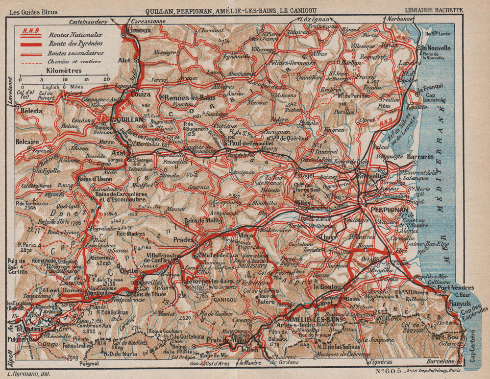 PYRÉNÉES-ORIENTALES LITTORAL.Quillan Perpignan Canigou Amélie-les-Bains 1933 map