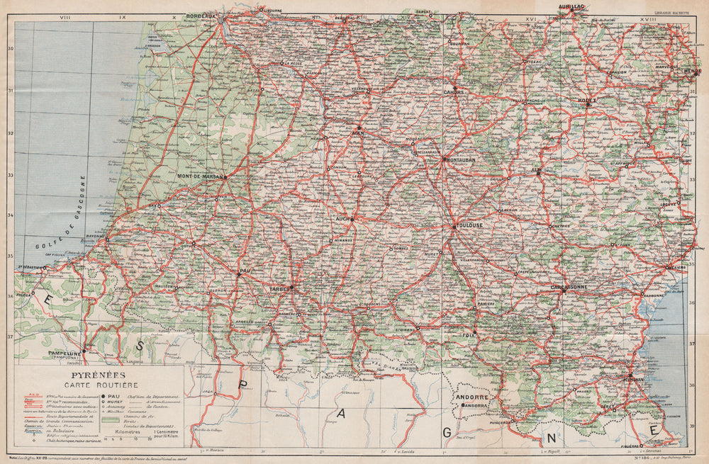 PYRÉNÉES CARTE ROUTIÈRE. Vintage map plan. South West France motoring map 1933