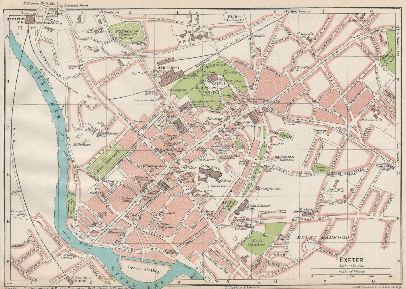 EXETER. Vintage town city map plan. Devon 1930 old vintage chart ...