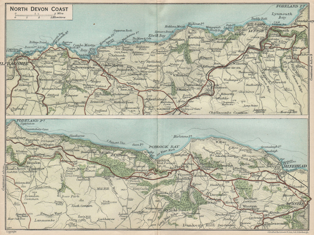 NORTH DEVON COAST. Ilfracombe-Lynton-Minehead. Vintage map plan 1930 old