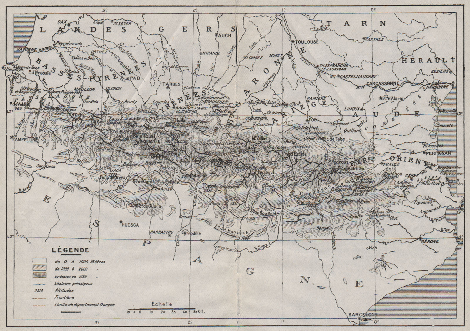 Pyrenees World Map PYRÉNÉES. Vintage relief map. France Spain. Pyrenees 1921 old antique ...