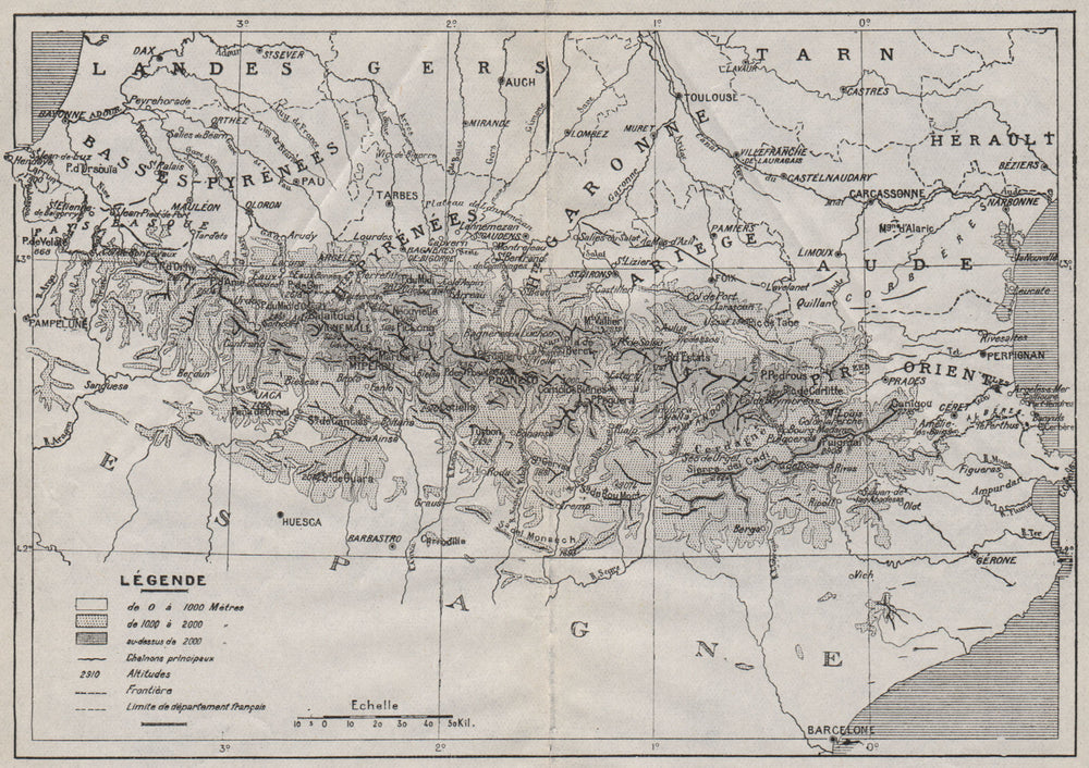 PYRÉNÉES. Vintage relief map. France Spain. Pyrenees 1921 old antique