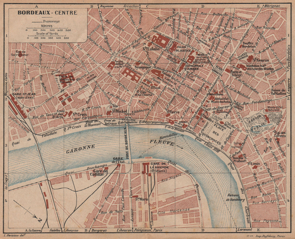BORDEAUX. Centre de la ville. Vintage town city map plan. Gironde 1921 old