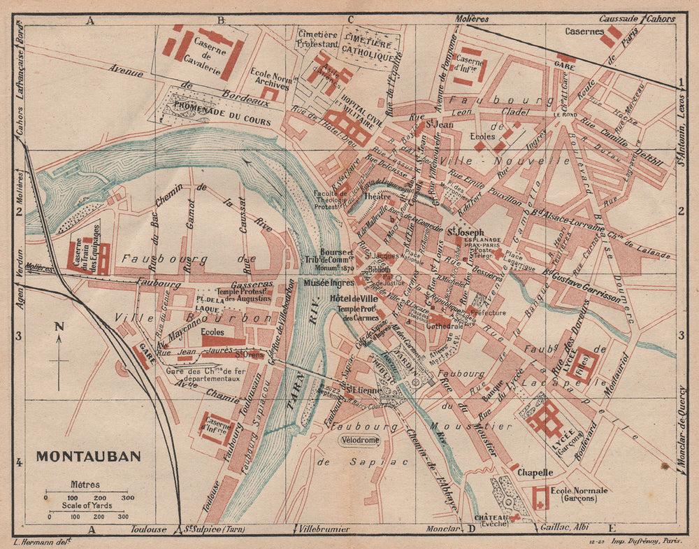 MONTAUBAN. Vintage town city map plan. Tarn-et-Garonne 1921 old antique