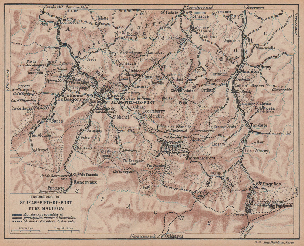 ST JEAN-PIED-DE-PORT & MAULÉON. Environs. Pyrénées-Atlantiques. Hiking 1921 map