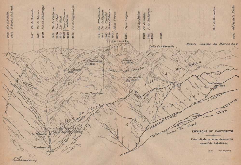VINTAGE PYRENEES PANORAMA.Cabaliros Massif to Cauterets.Hautes-Pyrénées 1921 map