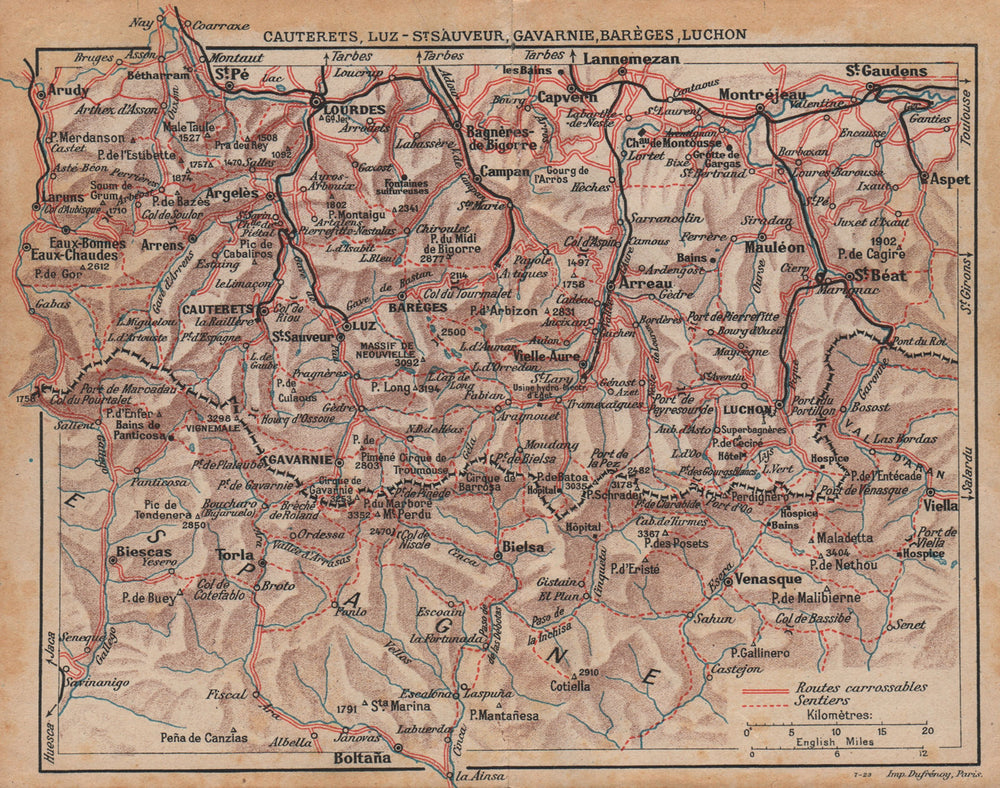 HAUTES-PYRÉNÉES. Vintage sentier walking map. Cauterets Luz Gavarnie Luchon 1921