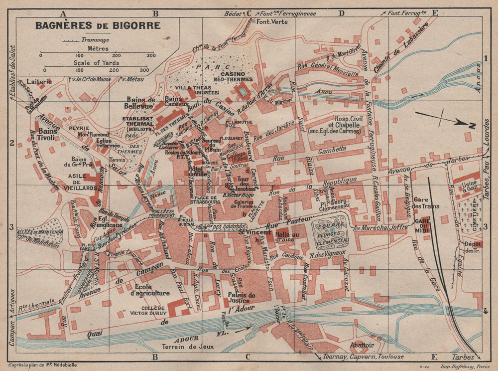 BAGNÈRES-DE-BIGORRE. Vintage town city map plan. Hautes-Pyrénées. Bagnères 1921