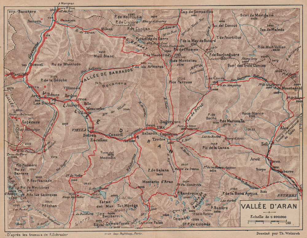 VAL D'ARAN.Vielha Bossost Es Bordes.Vintage topo-guide.Catalan Pyrenees 1921 map