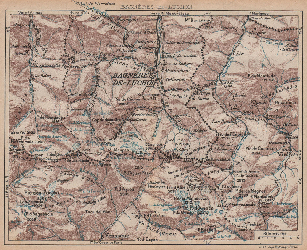 BAGNÈRES-DE-LUCHON ENVIRONS. Vintage topo-guide. Haute-Garonne 1921 old map