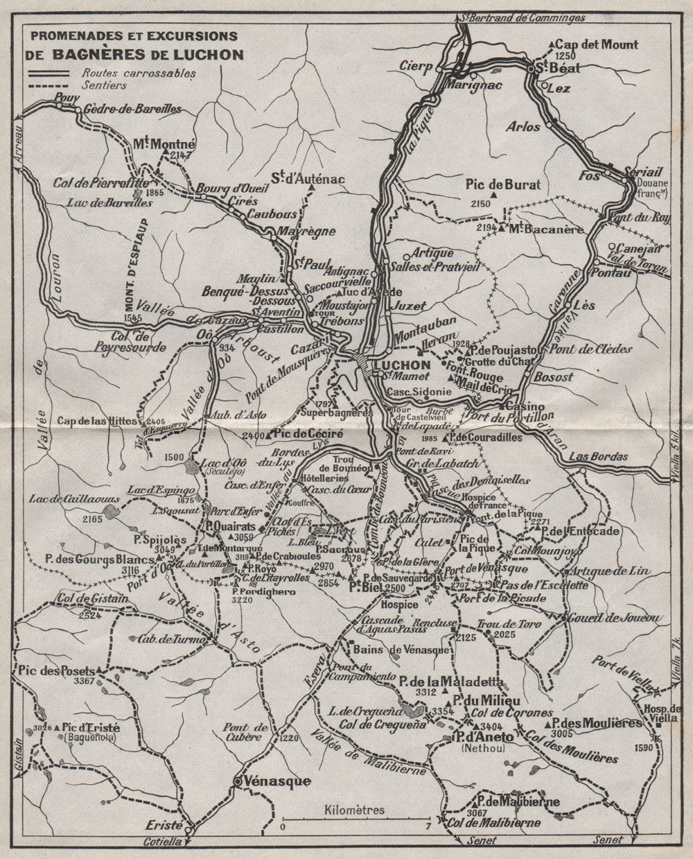 BAGNÈRES DE LUCHON ENVIRONS. Vintage walking map plan. Haute-Garonne 1921