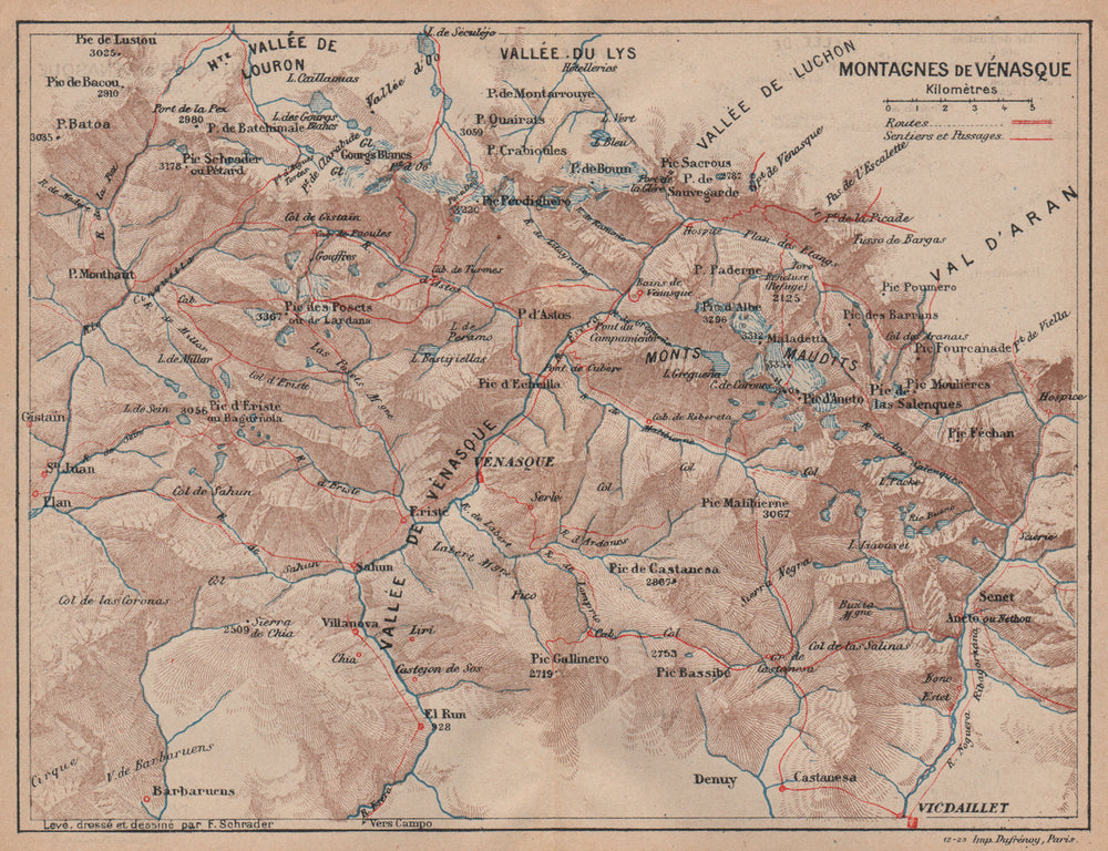 BENASQUE VALLEY. Montagnes de Venasca. Vintage hiking map. Pyrenees 1921
