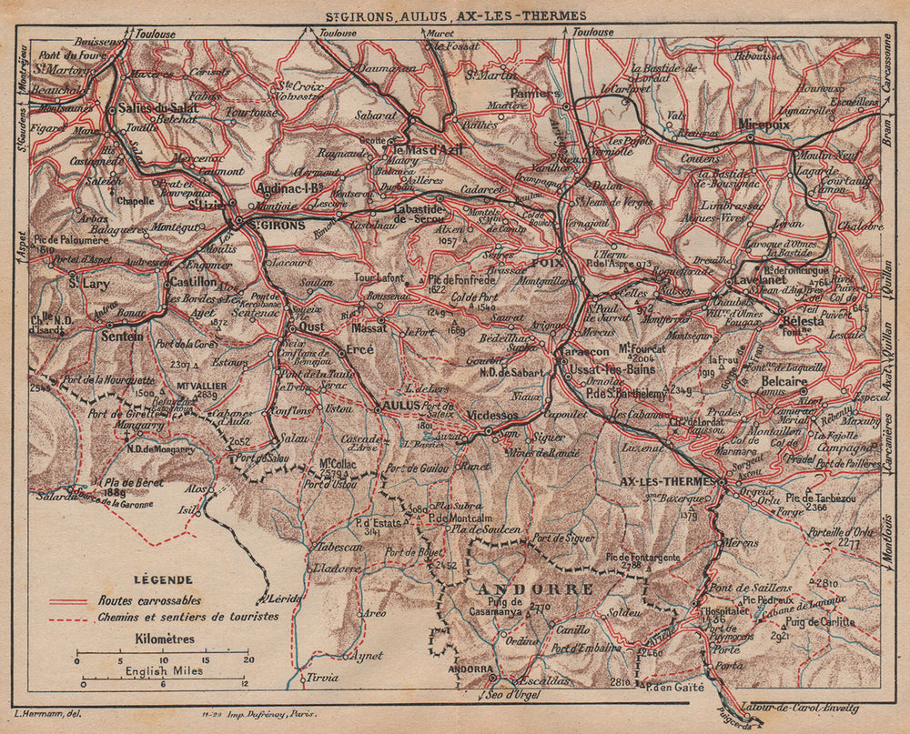 ARIÈGE. St. Girons Aulus Ax-les-Thermes Foix. Pyrénées. Vintage hiking map 1921
