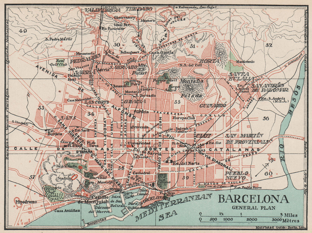 BARCELONA. General plan. Vintage town city map. Spain 1930 old vintage