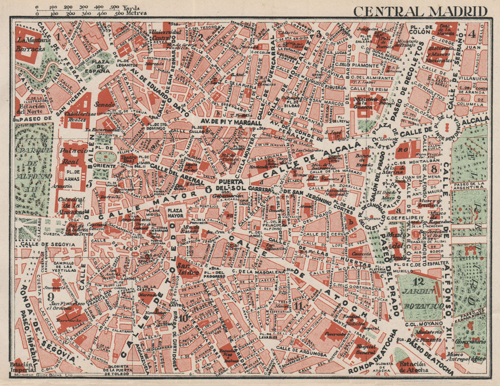 CENTRAL MADRID. Vintage town city map plan. Spain 1930 old vintage chart