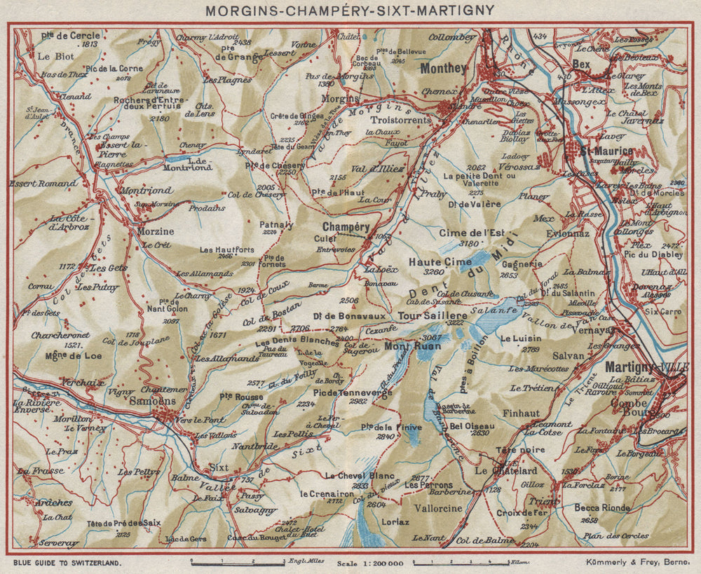 FRENCH/SWISS ALPS. Les Gets Morzine Samoëns Morgins Champéry Martigny 1948 map