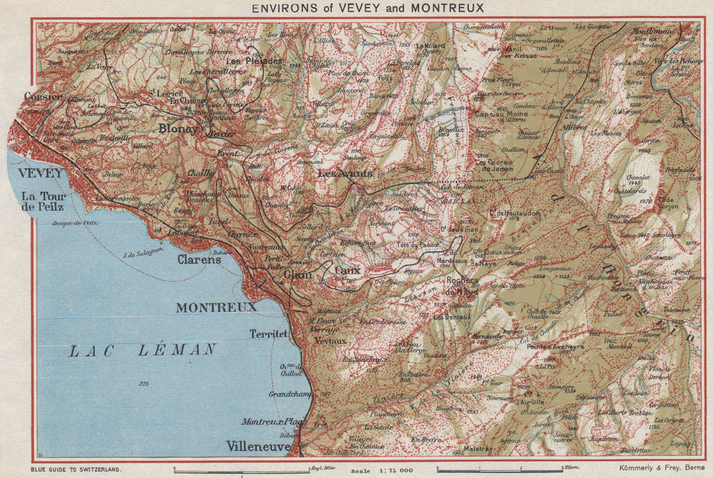 VEVEY & MONTREUX ENVIRONS. Lac Leman. Lake Geneva. Vintage map Switzerland 1948