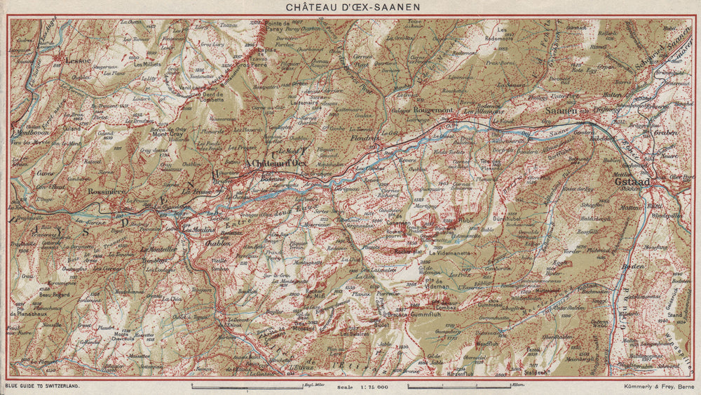UPPER SAANE/SARINE VALLÉE VALLEY.Château d'Oex Gstaad Saanen.Vaud Berne 1948 map