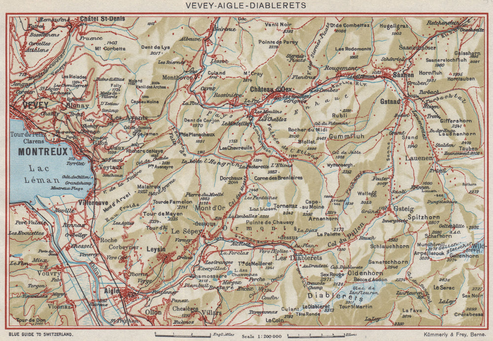 VAVEY-AIGLE-DIABLERETS. Gstaad Château d'Oex Montreux Leysin Les Mosses 1948 map