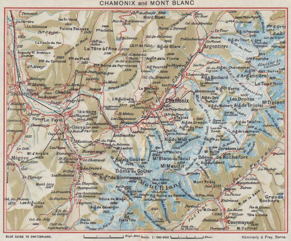 CHAMONIX & MONT BLANC. St Gervais Les Houches Argentière Courmayeur 1948 map