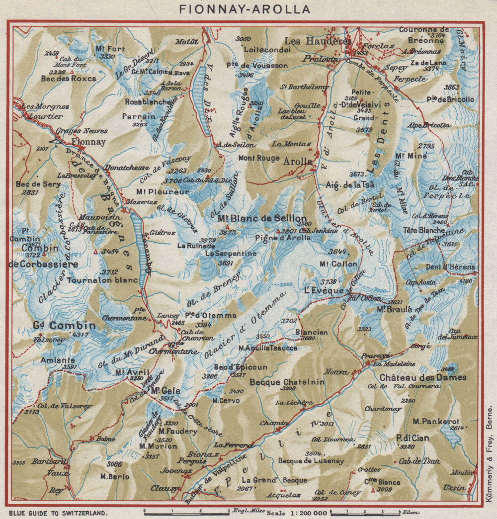 FIONNAY-AROLLA. Vintage map plan. Les Haudères. Switzerland 1948 old