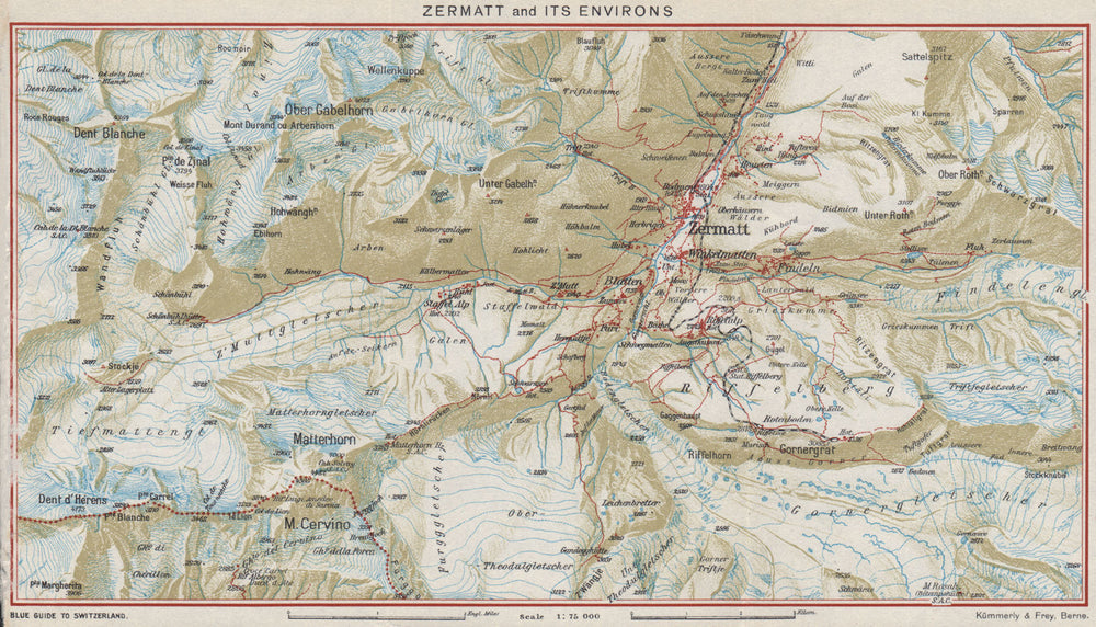 ZERMATT & ENVIRONS.Matterhorn Breuil-Cervinia Dent Blanche.Switzerland 1948 map
