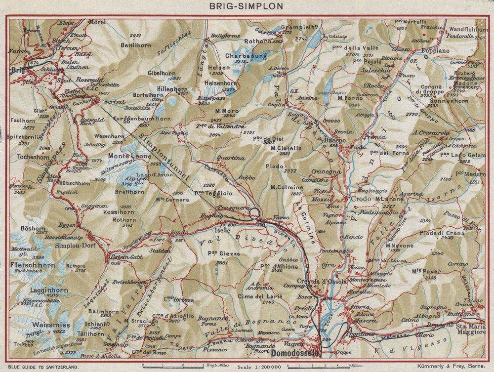 SIMPLON TUNNEL. Brig Domodossola. Vintage map plan. Switzerland Italy 1948