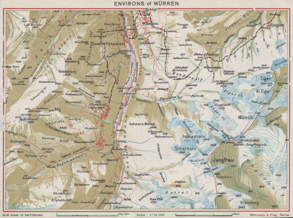 MÜRREN ENVIRONS. Wengen Eiger Jungfrau Lauterbrunnen. Vintage map plan 1948