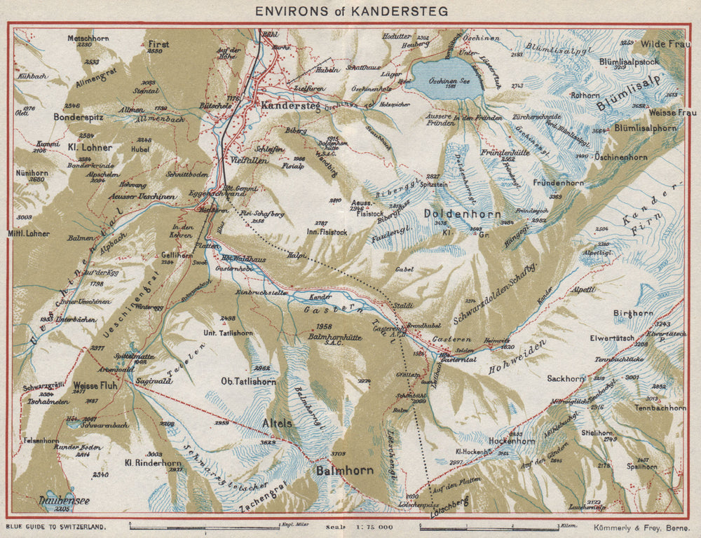 KANDERSTEG ENVIRONS. Blümlisalp Berne Doldenhorn. Vintage map. Switzerland 1948