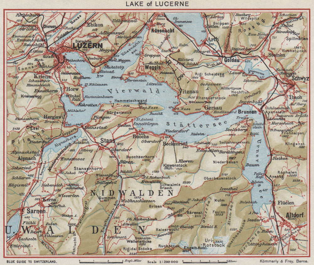 LAKE LUCERNE. Vierwaldstättersee. Luzern Altdorf Emmetten Engelberg 1948 map