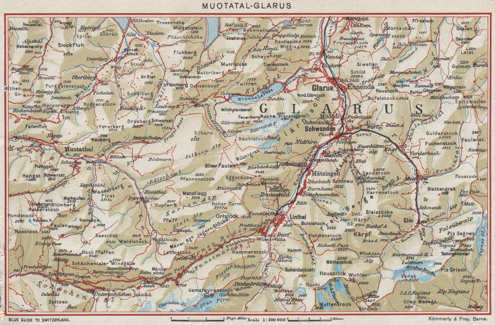 MUOTATAL-GLARUS. Elm Bruanwald Schwanden. Vintage map plan. Switzerland 1948