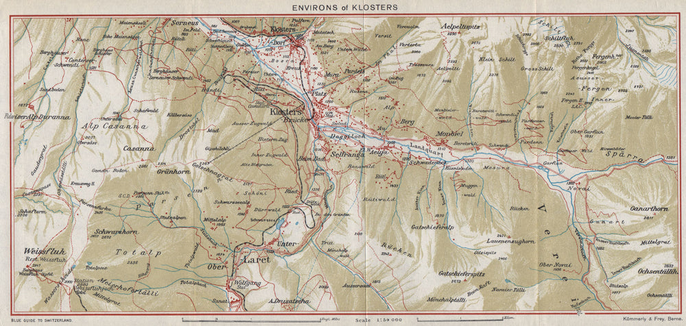 KLOSTERS & ENVIRONS. Klosters Dorf. Vintage map plan. Switzerland 1948 old