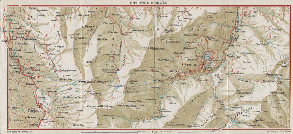 AROSA ENVIRONS. Churwalden Weisshorn. Vintage map plan. Switzerland 1948