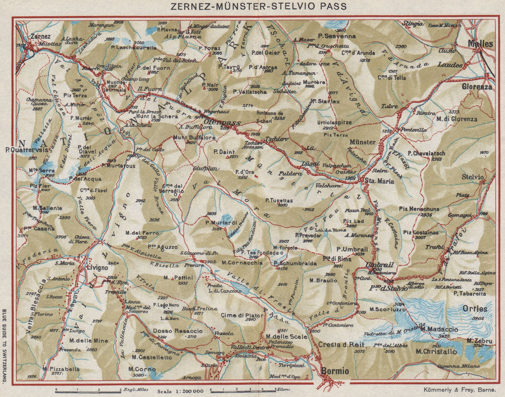 ZERNEZ MÜNSTER PASSO DEL STELVIO PASS. Bormio Livigno. Schweiz Italia 1948 map