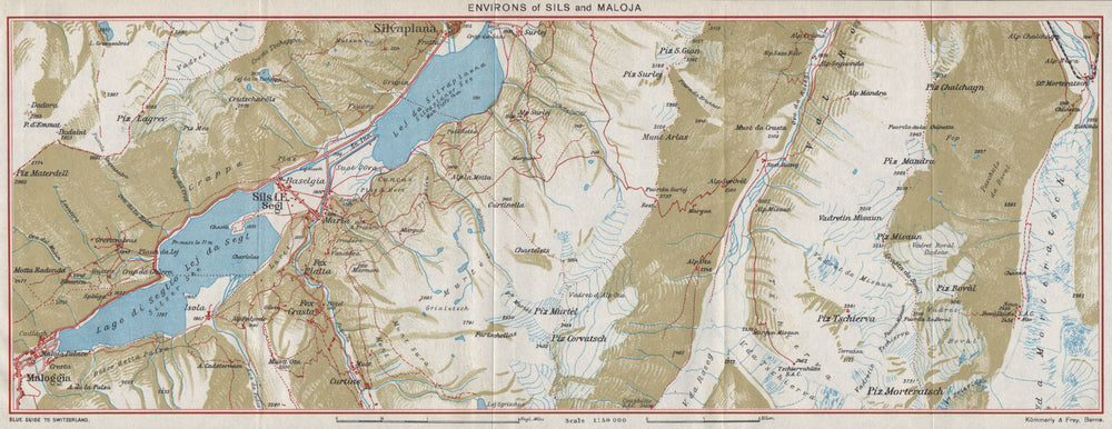 SILS & MALOJA ENVIRONS. Silvaplana. Silsersee. Vintage map. Switzerland 1948