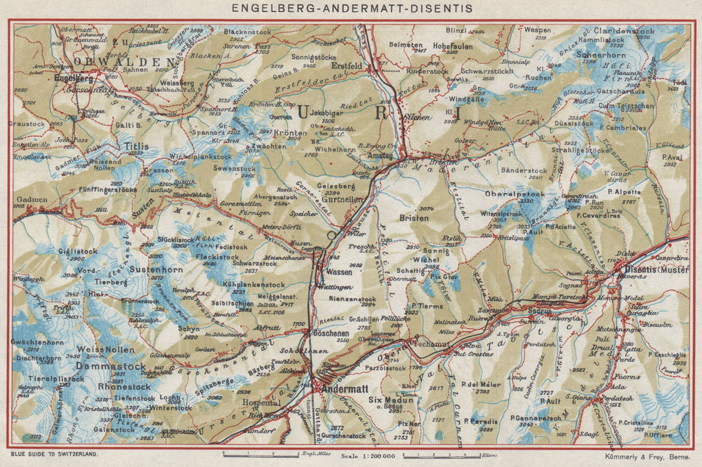 ENGELBERG ANDERMATT DISENTIS-SEDRUN. Uri Grisons Berne. Vintage map 1948