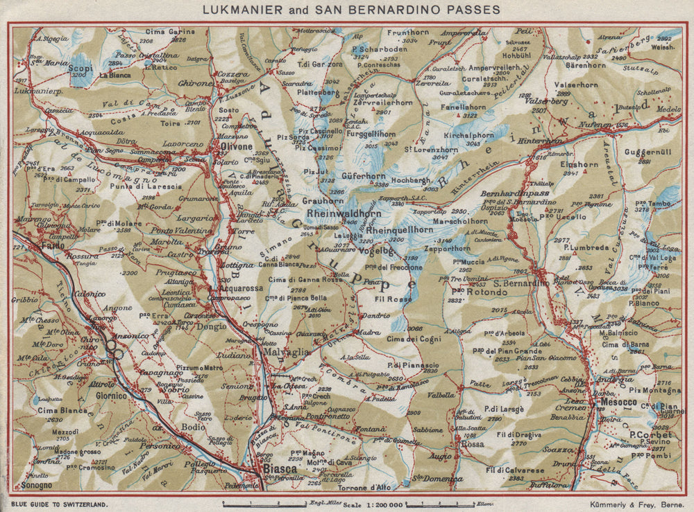 LUKMANIER & SAN BERNARDINO PASSES. Olivoire Biasca Mesocco Nava Ticino 1948 map