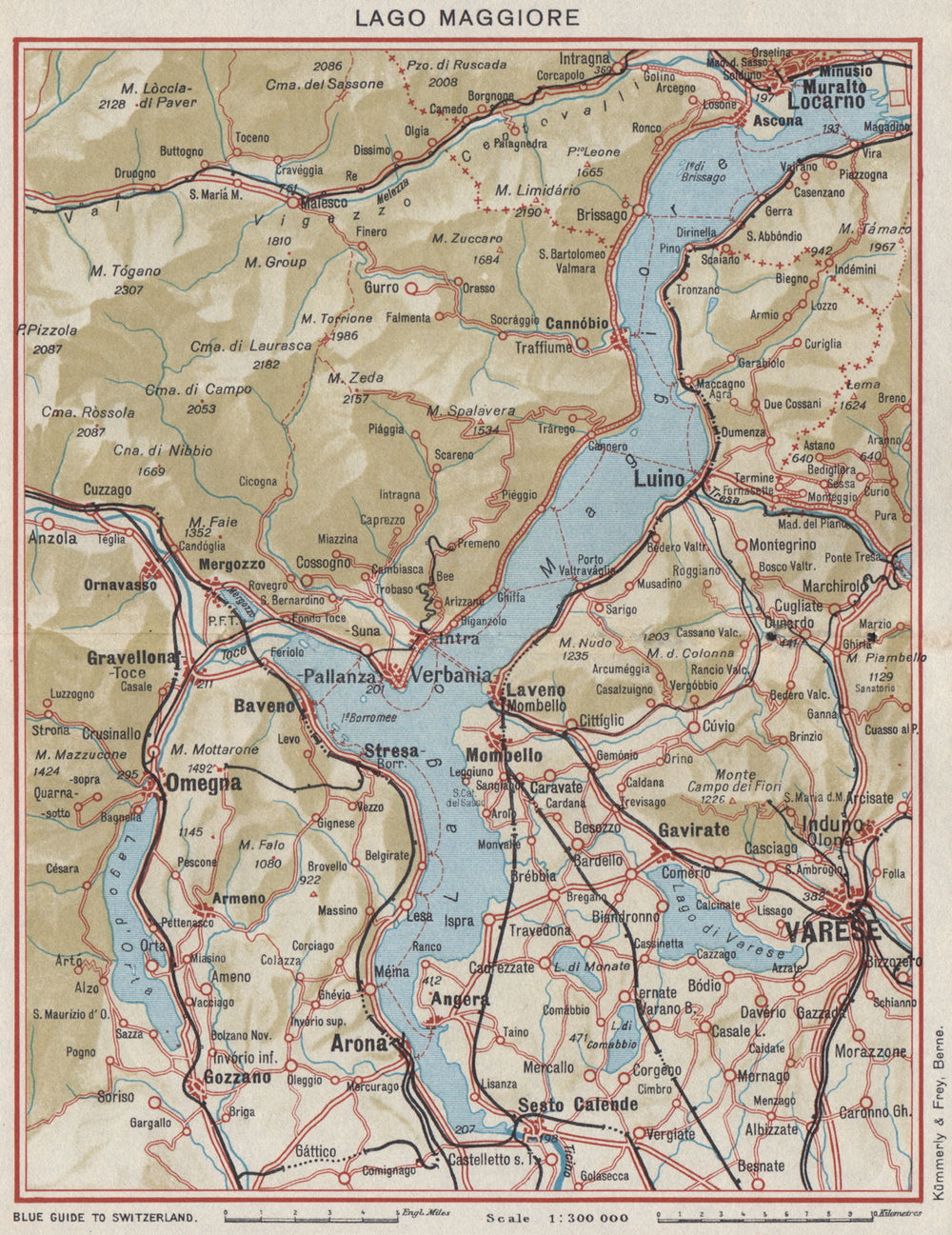 LAKE LAKE MAGGIORE. Varese Locarno Arona Omegna Luino. Vintage map. Italy 1948