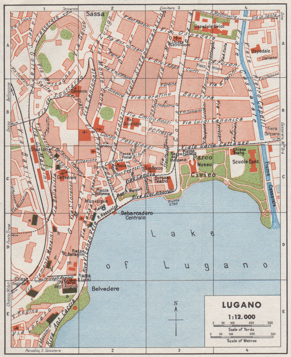 LUGANO. Vintage town city map plan. Switzerland 1948 old vintage chart