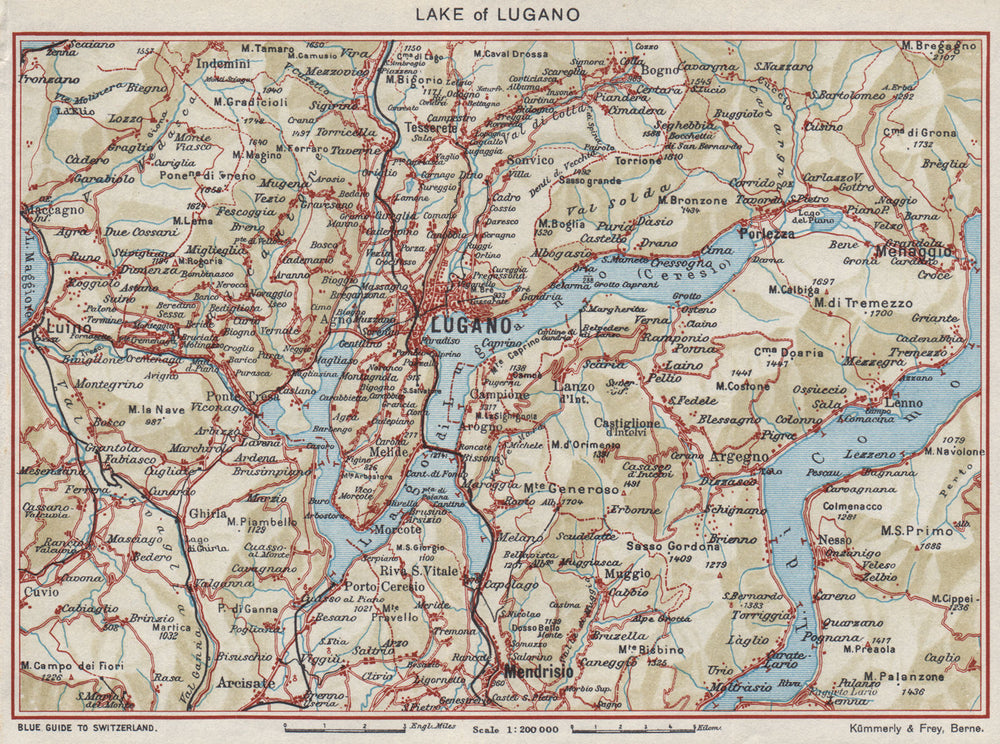 LAKE OF LUGANO. Vintage map plan. Lago di Lugano. Switzerland Italy 1948